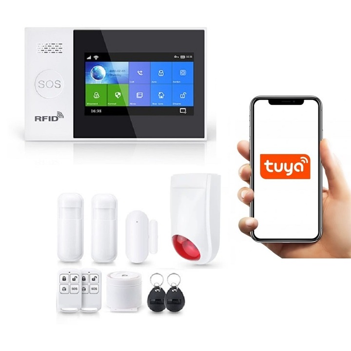 Alarma Wireless LCD 4.3" Wifi GSM, Onshop, Tuya Smart, 2x PIR, 1x Sirena de exterior suplimentara, Alb