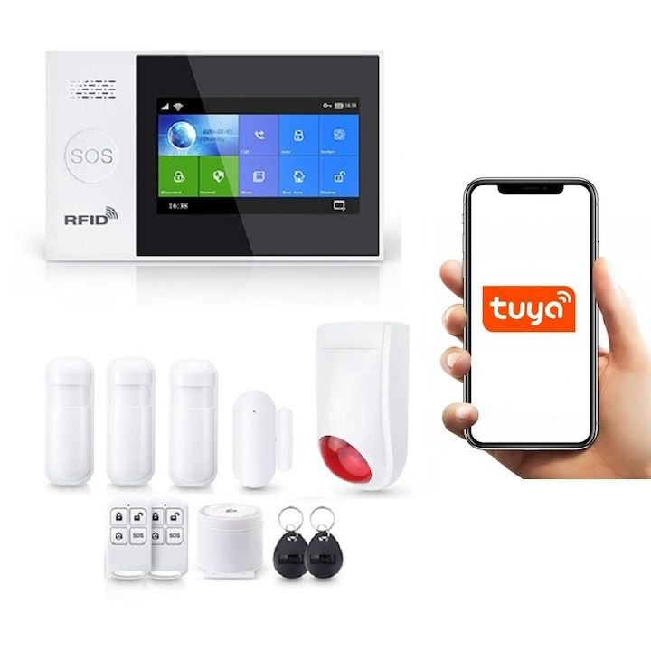 Безжична аларма LCD 4.3" Wifi GSM, Onshop, Tuya Smart, 3x PIR, 1x допълнителна външна сирена, бяла