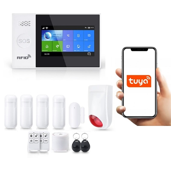 Безжична аларма LCD 4.3" Wifi GSM, Onshop, Tuya Smart, 4x PIR, 1x допълнителна външна сирена, бяла