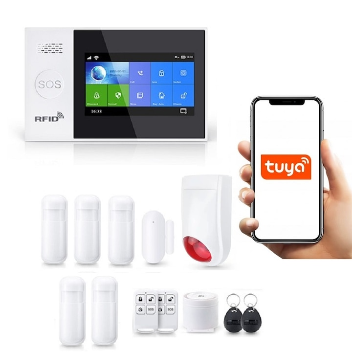 Безжична аларма LCD 4.3" Wifi GSM, Onshop, Tuya Smart, 5x PIR, 1x допълнителна външна сирена, бяла