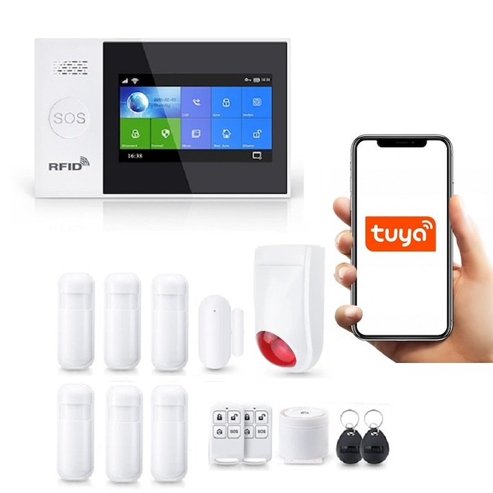Безжична аларма LCD 4.3" Wifi GSM, Onshop, Tuya Smart, 6x PIR, 1x допълнителна външна сирена, бяла