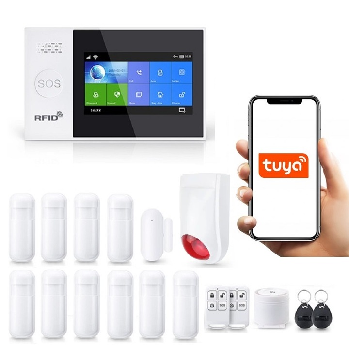 Безжична аларма LCD 4.3" Wifi GSM, Onshop, Tuya Smart, 10x PIR, 1x допълнителна външна сирена, бяла