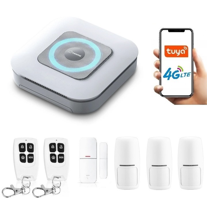 Безжична алармена сирена GSM, Работи със SIM карта, Onshop, Tuya Smart, 3x PIR, Бял