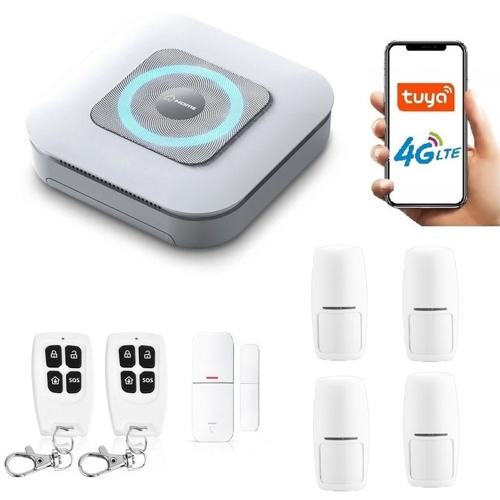 Безжична алармена сирена GSM, Работи със SIM карта, Onshop, Tuya Smart, 4x PIR, Бял