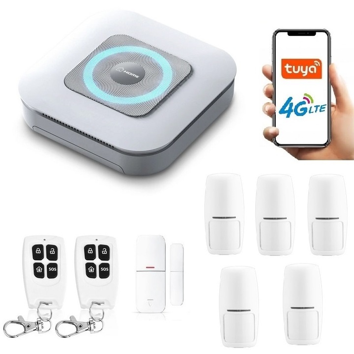 Vezeték nélküli riasztó sziréna GSM, SIM-kártyával működik, Onshop, Tuya Smart, 5x PIR, Fehér