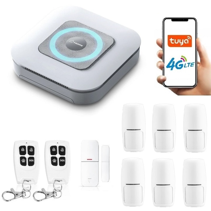 Безжична алармена сирена GSM, Работи със SIM карта, Onshop, Tuya Smart, 6x PIR, Бял