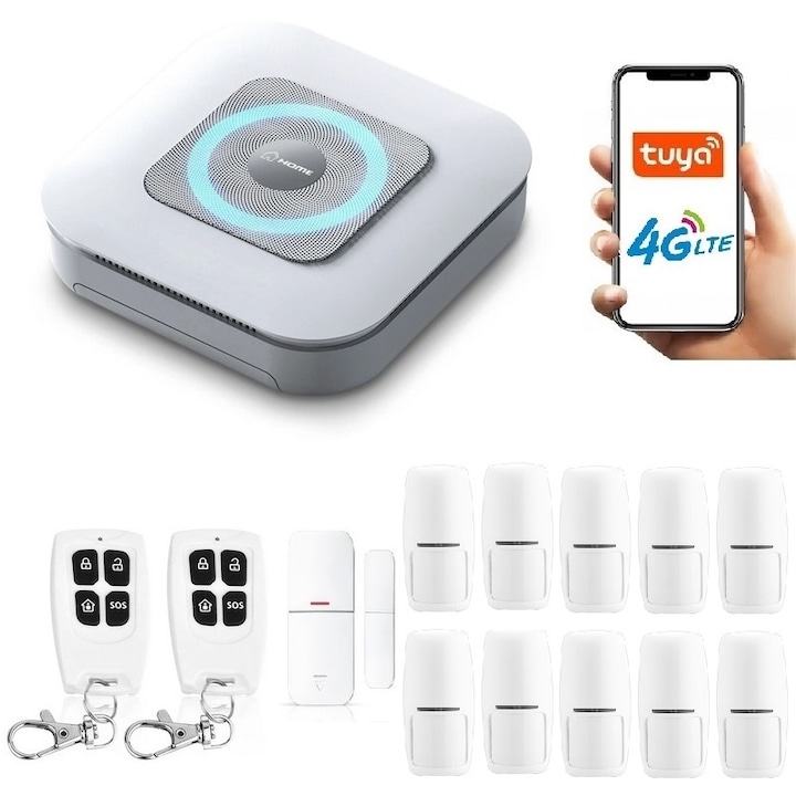 Безжична алармена сирена GSM, Работи със SIM карта, Onshop, Tuya Smart, 10x PIR, Бял