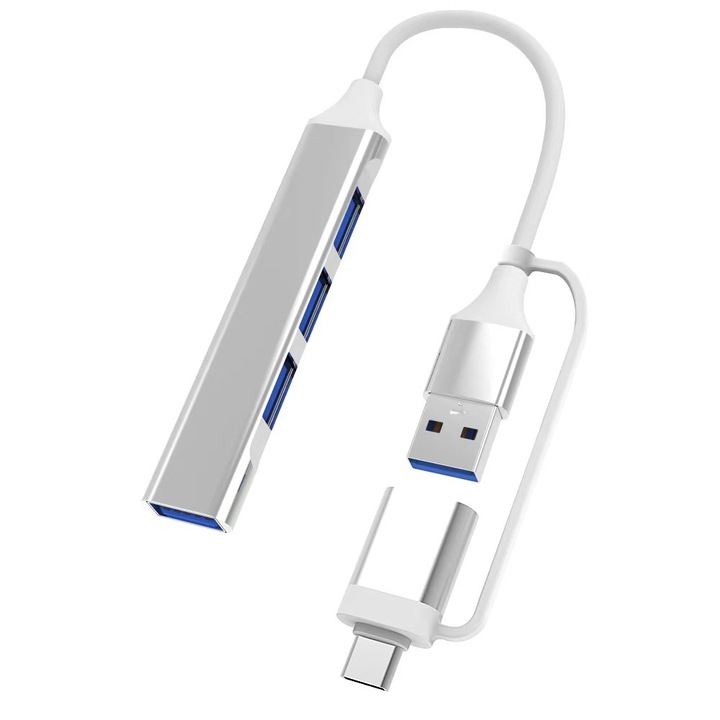 USB 3.0 хъб 2 в 1, 4 порта, алуминий, сребрист, 3.31x0.67 инча