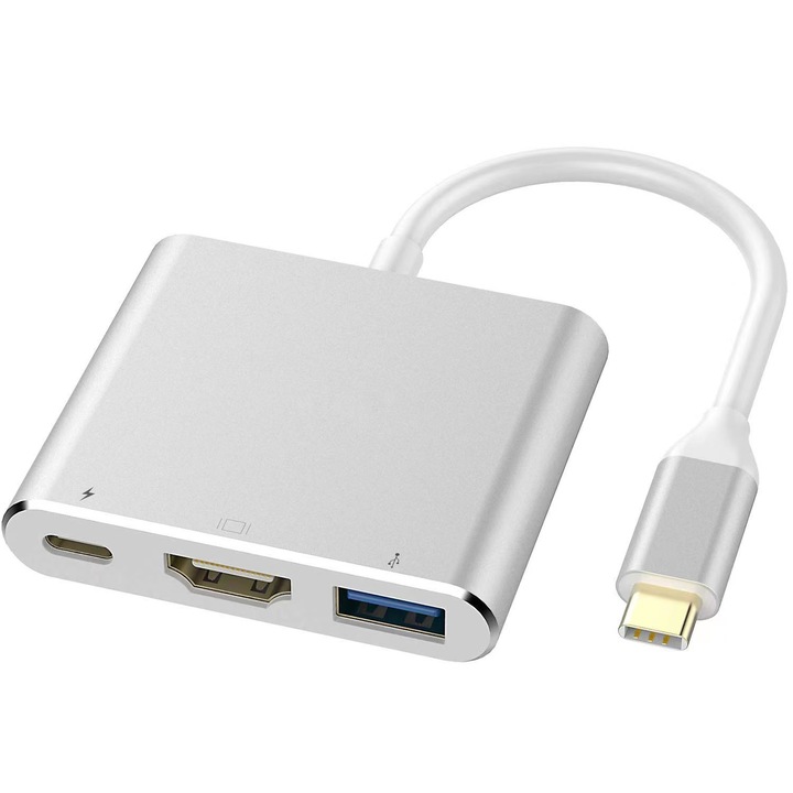 Адаптерен хъб, 3-в-1, USB-C и HDMI, 4K Ready, USB 3.0, сребрист