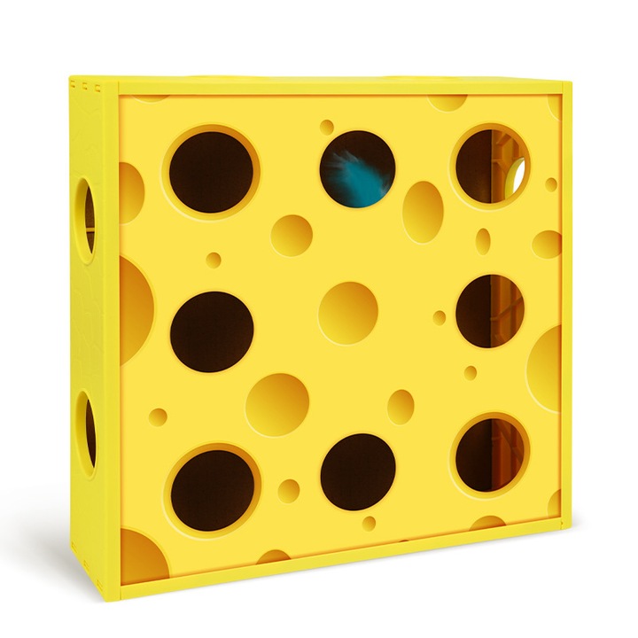 Jucarie interactiva pentru pisici, cutie magica, design inteligent, pene rotative, 28.4x28.4x7.5cm, galben