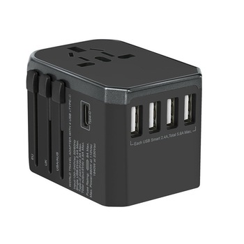 Adaptor incarcator convertor priza universal de calatorie cu 4 x USB si 1 x Type-C All in One pentru EU, USA, UK - Phuture® Adaptor incarcator convertor priza universal de calatorie cu 4 x USB si 1 x Type-C All in One pentru EU, USA, UK - Phuture®