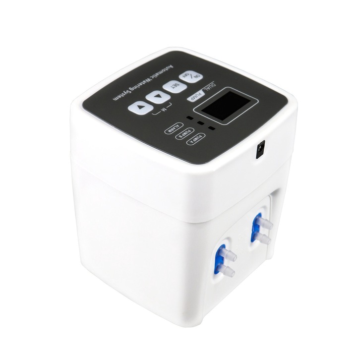 Sistem de irigare automat AxaCube pentru plante, set pentru 20 ghivece, 2 pompe incorporate, udare prin picurare, picuratoare reglabile, temporizator, alimentare prin baterii sau conectare la retea, ideal apartament/casa
