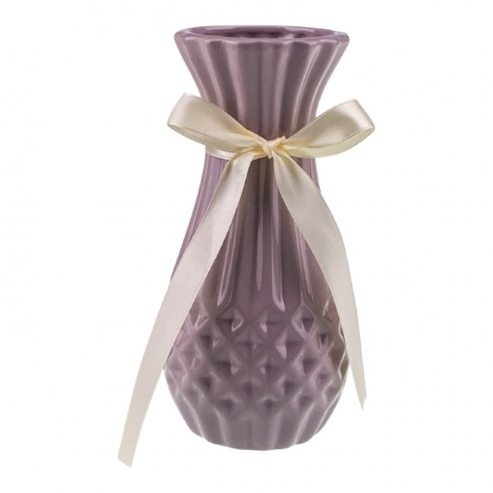 Vaza din ceramica cu dungi si romburi la baza, cu panglica.9x20 cm plamaniu