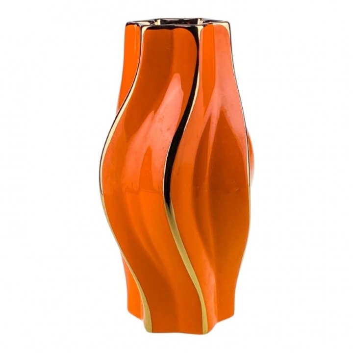 Vaza din ceramica, ondulata, cu dungi.12x24 cm portocaliu