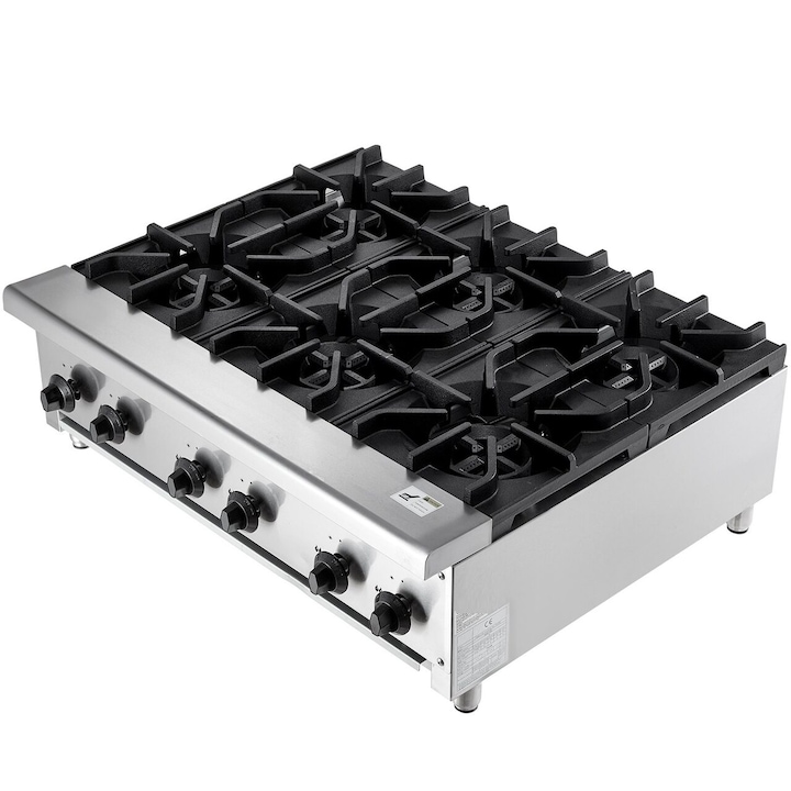 Професионален газов котлон, 6 горелки, неръждаема стомана и чугун, 42 kW BTU, размери 915 x 775 x 335 mm