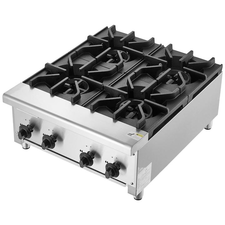 Професионален газов котлон, 4 горелки, неръждаема стомана и чугун, 28 kW BTU, размери 610 x 775 x 335 mm