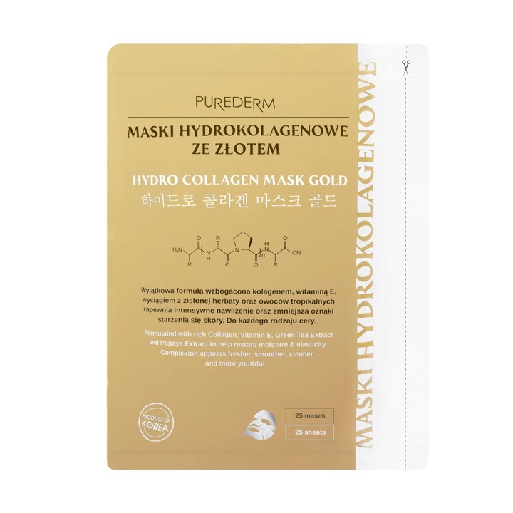 PUREDERM Masti de fata cu hidrocolagen cu aur, 25 buc