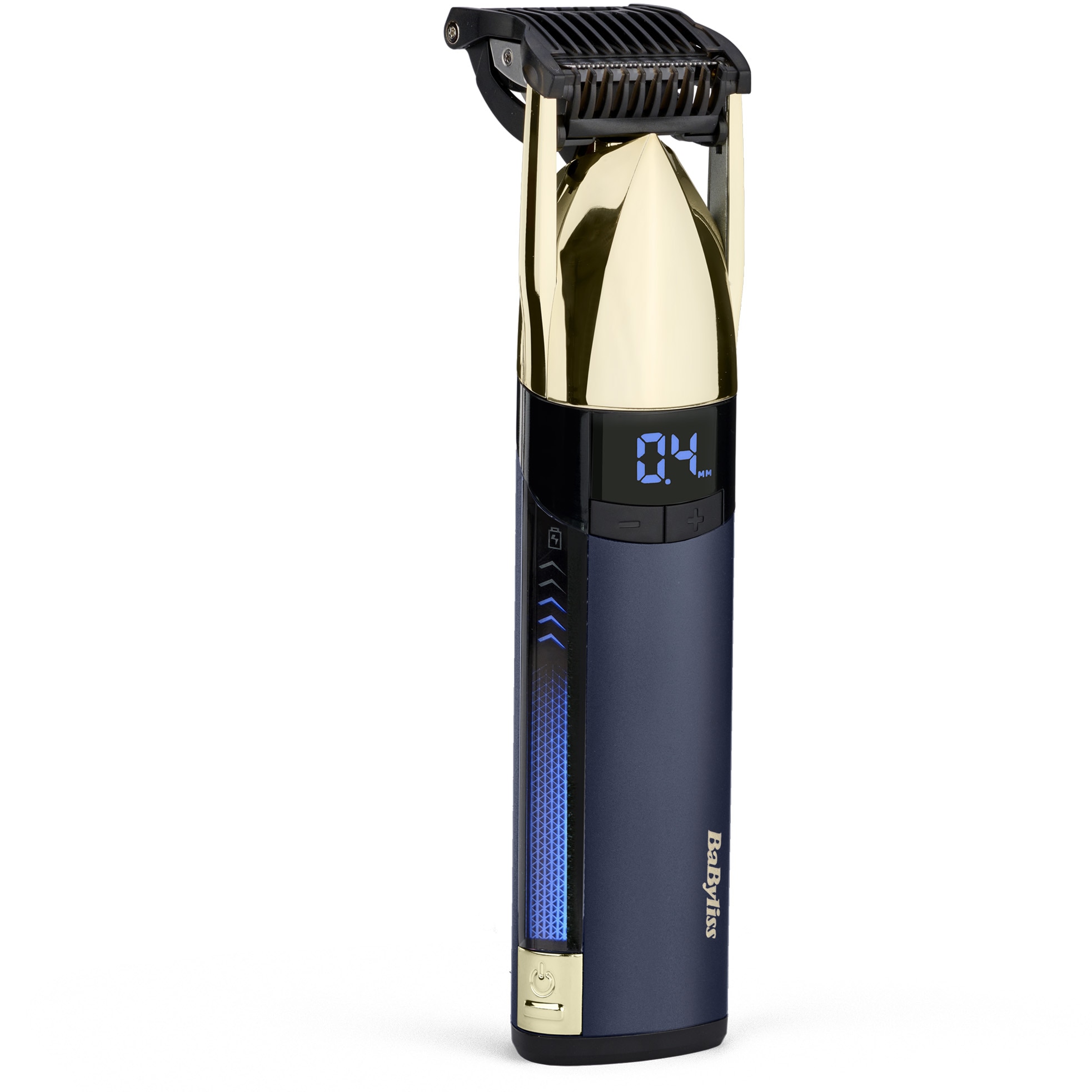 Trimmer BaByliss Super-X Metal Gold & Navy Stubble S992E, autonomie 90 min, ecran LED, lame din titan, motor High Torque ultra-performant, auriu/ albastru marin