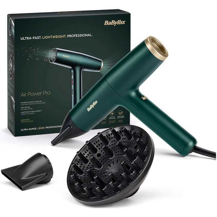 Сешоар BaByliss Air Power Pro D6555DE, 1700 W, 3 скорости, 4 температури, зелен