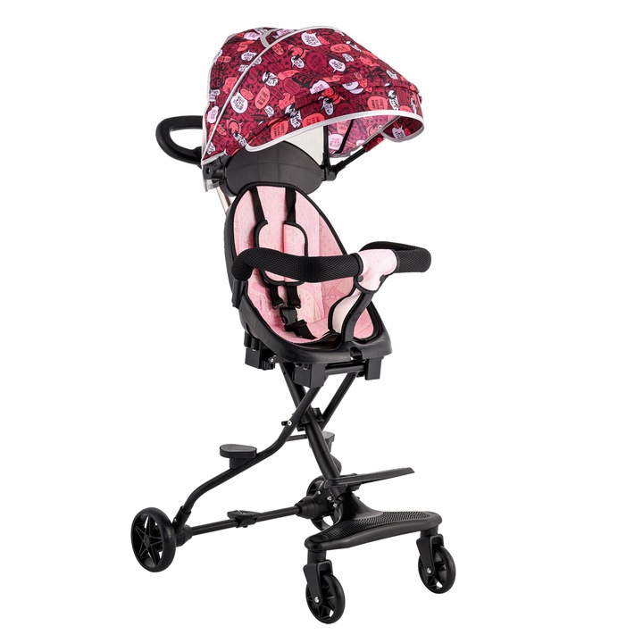 Carucior Sport Ultra Pliabil, Scaun Reversibil, Copertina AntiUV Detasabila, Suport picioare, Roti Pivotante 360 *, Blocare Roti Spate, Perfect pentru Zborul cu Avionul - ROZ