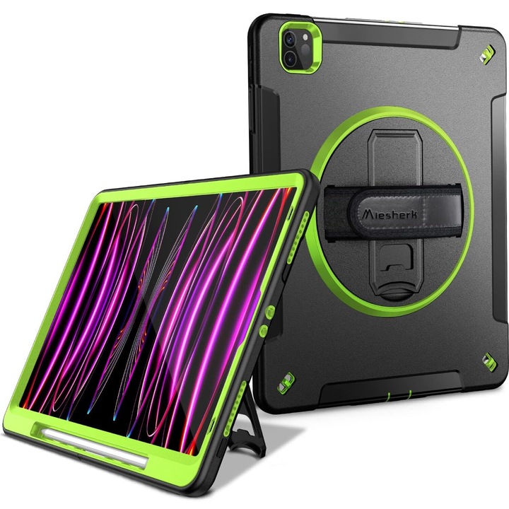Tablet tok, iPad Pro 11, fekete, forgatható állvánnyal, 360 fokos védelem, strapabíró anyag