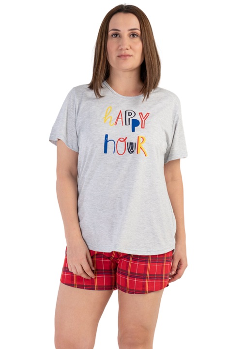 Női pamut pizsama, Vienetta, nagy méret, molett, PD620, Piros/Szürke, 2XL