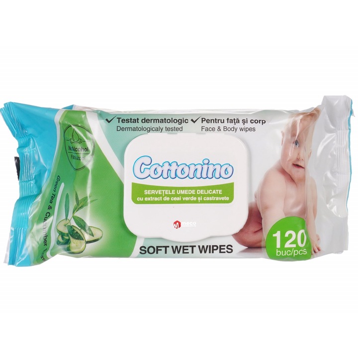 Servetele umede cu capac Cottonino 120buc (Ceai verde si Castravete)