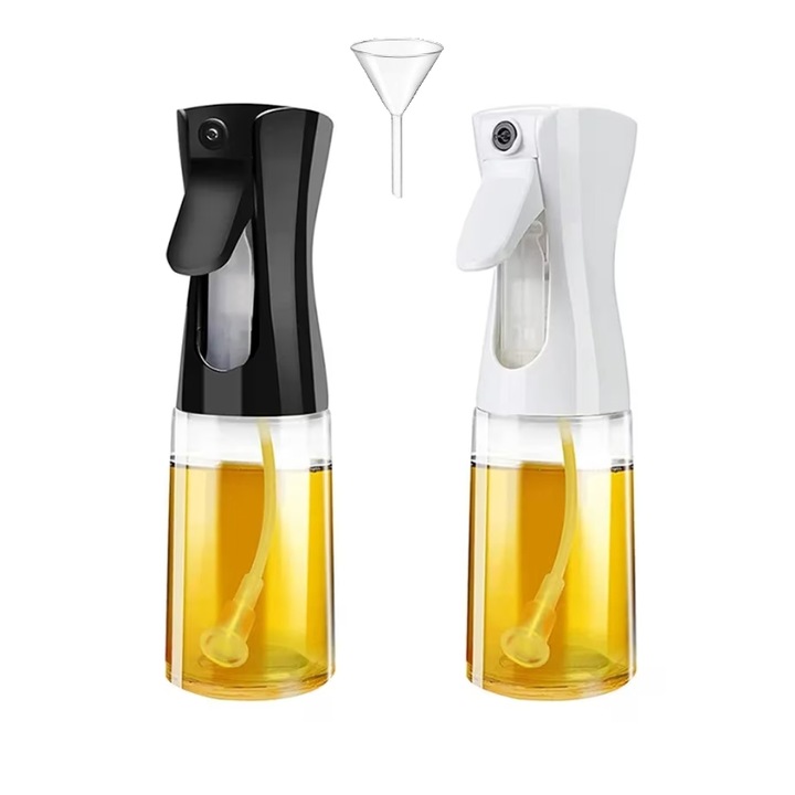 Set 2Sticla de spray ulei cu palnie pentru Ulei, Otet sau alte lichide, reincarcabile, multifunctionale, capacitatea 230 ml, Material Sticla si PVC, Culoare Negru/Alb