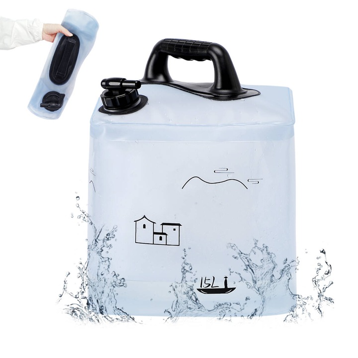 DEIRIS Recipient transparent cu apa pliabila (15L)-PVC dintr-o bucata fara probleme, cub compact pentru camping si calatorie-fara BPA si rezistent la nisip