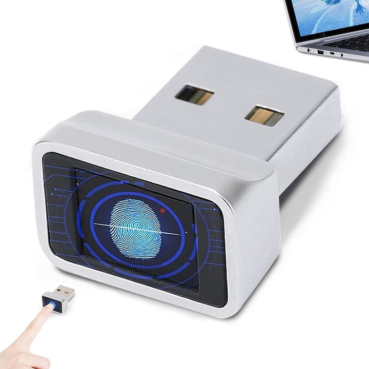 Биометрично устройство за пръстови отпечатъци за компютър, Estanny, USB-C, незабавно и сигурно удостоверяване, 0,05 секунди време за реакция, 360° сензор, съвместим с Windows Hello, за устройства с Windows, металик