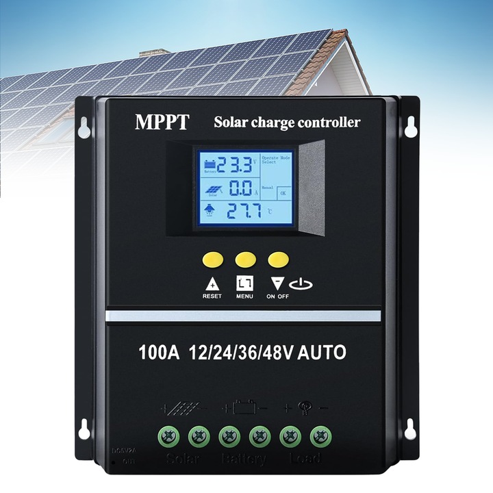 Соларен контролер с LCD дисплей, Estanny, MPPT функция, 12V/24V/36V/48V, 100A, 7 режима на работа, 6 функционални защити, черен