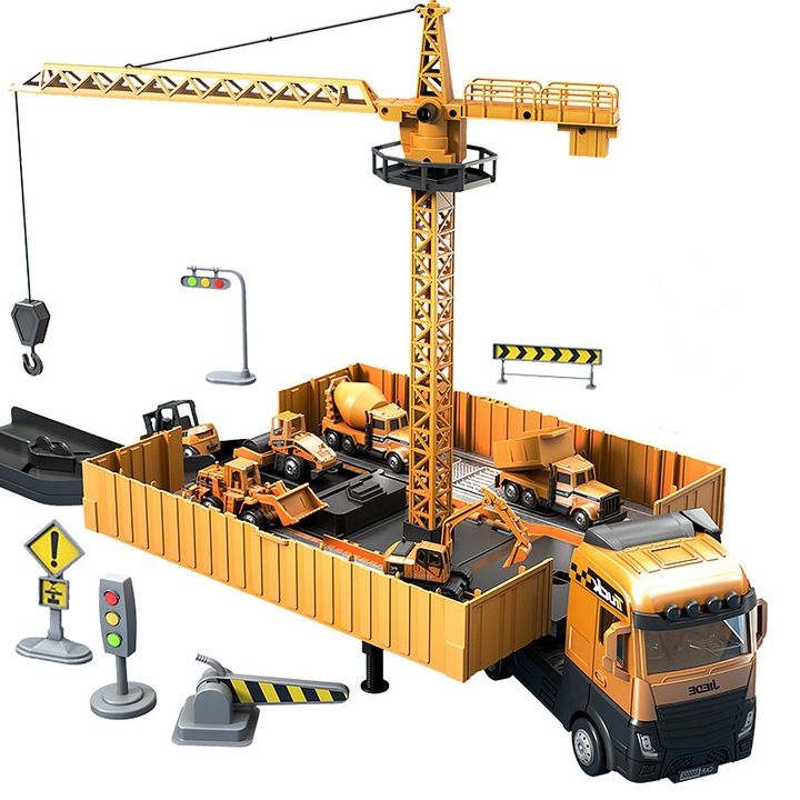 Set utilaje de constructie de jucarie HNSMART, camioane, excavator, macarale, semafoare, multicolor, 1:24, pentru 3-8 ani