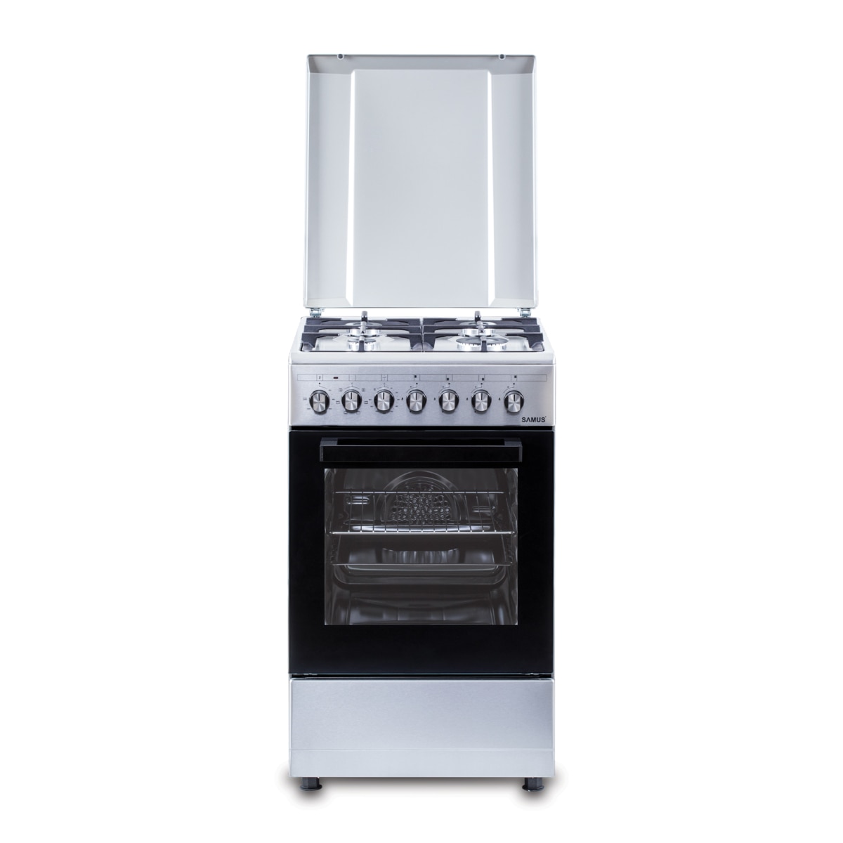 Aragaz Samus SM562AENS1 INOX, 4 arzatoare gaz, Gratare fonta, 7 functii, Cuptor electric, Aprindere electrica, Ventilator, Timer mecanic, Inox