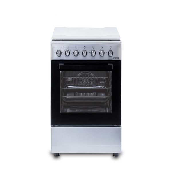 Aragaz Samus SM562AENS1 INOX, 4 arzatoare gaz, Gratare fonta, 7 functii, Cuptor electric, Aprindere electrica, Ventilator, Timer mecanic, Inox