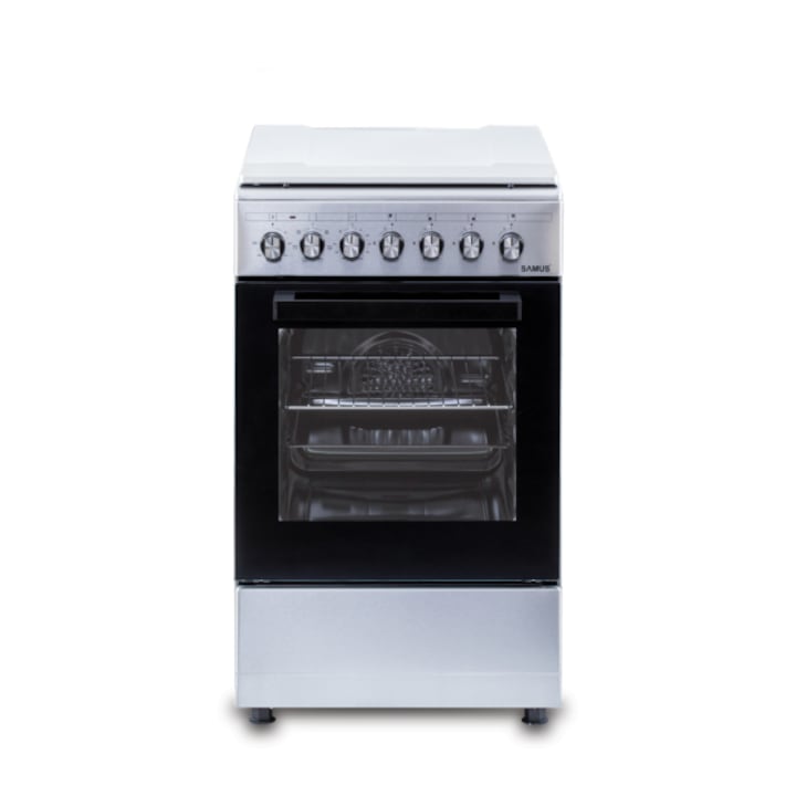 Готварска печка Samus SM562AENS1 INOX, 4 газови горелки, Чугунени скари, 7 функции, Електрическа фурна, Електрическо запалване, Вентилатор, Механичен таймер, Инокс
