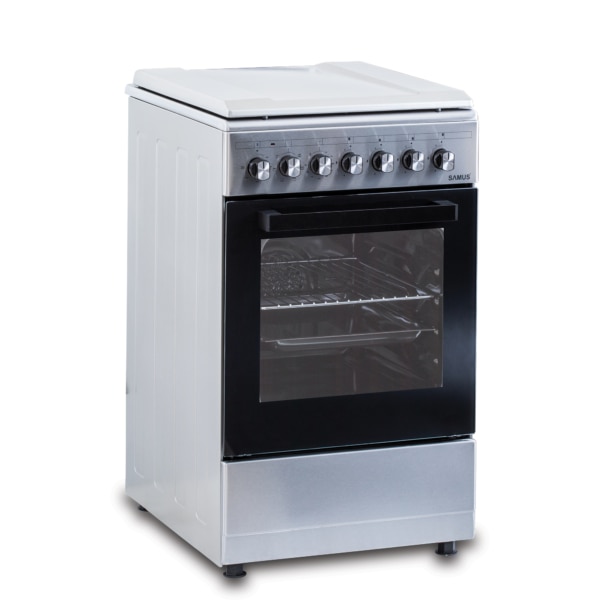 Aragaz Samus SM562AENS1 INOX, 4 arzatoare gaz, Gratare fonta, 7 functii, Cuptor electric, Aprindere electrica, Ventilator, Timer mecanic, Inox
