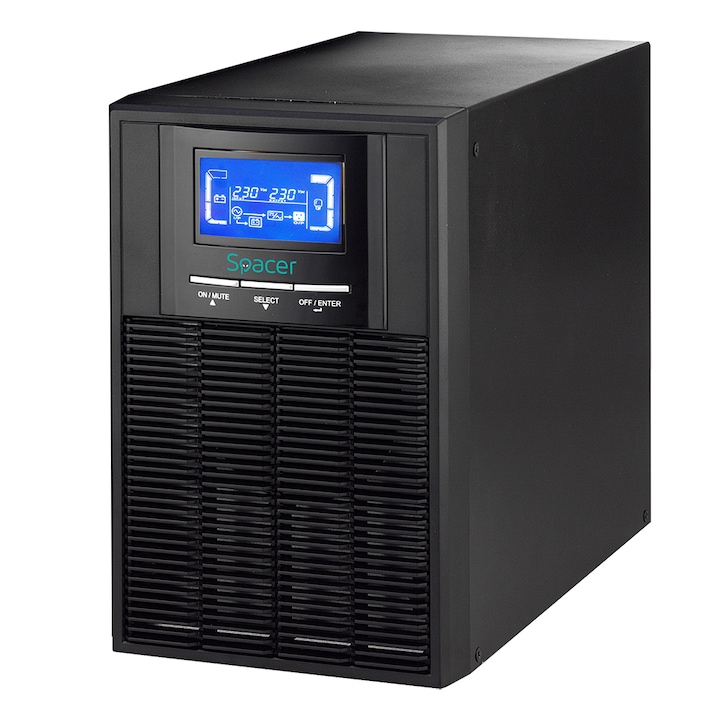 UPS Spacer Online, LCD, 1000VA/ 900W, AVR, син. pure, 3 x Schuko контакт, LCD дисплей, 2 x 12V/9Ah батерия, USB конектор, RS-232, EPO, SNMP слот