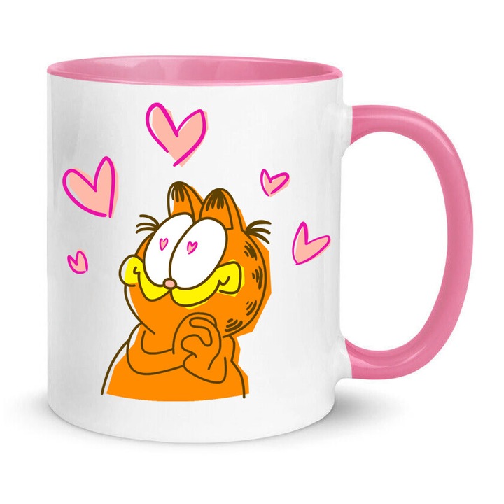 Керамична чаша Гарфилд, 330мл, бяла с розова, комплект за Свети Валентин