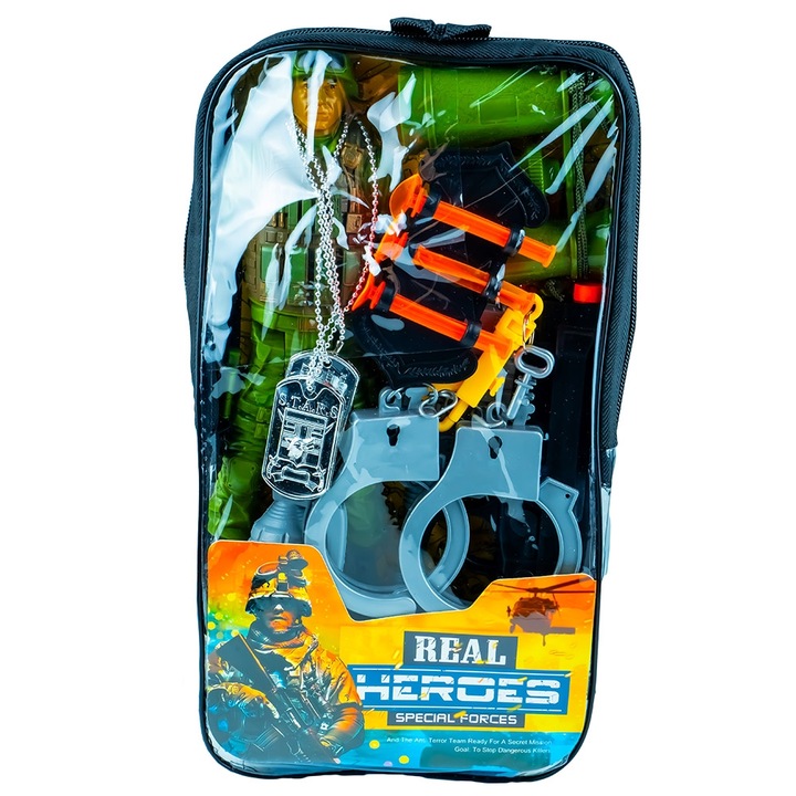 Военен комплект за игра с фигурка на войник, Robentoys, 10 аксесоара, раница, 3 години+
