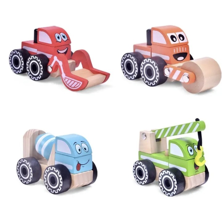 Set 4 masinute utilitare din lemn, betoniera, compactor, excavator, macara