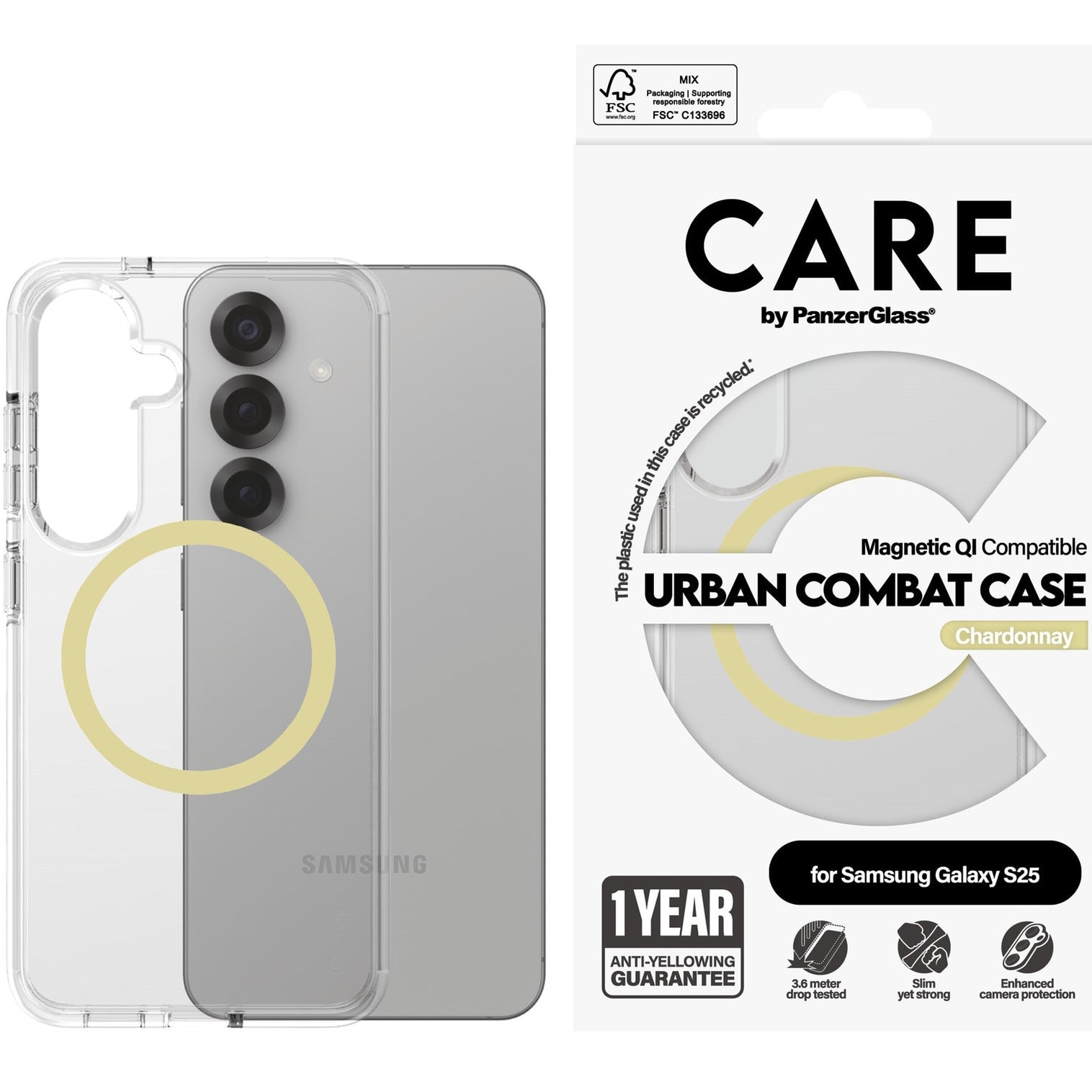 Husa de protectie PanzerGlass Hard Care Urban Combat Qi Compatible pentru Samsung Galaxy S25, Transparent/Galben