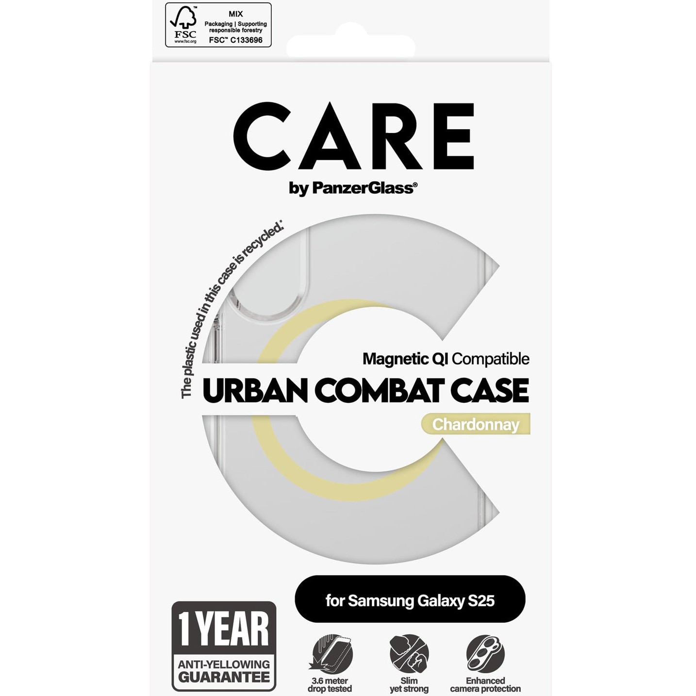 Husa de protectie PanzerGlass Hard Care Urban Combat Qi Compatible pentru Samsung Galaxy S25, Transparent/Galben