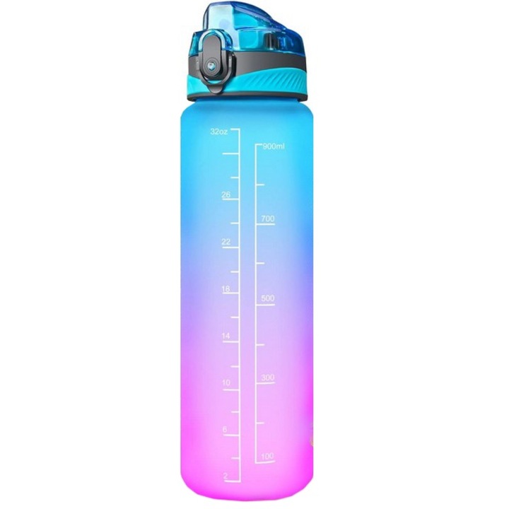 Grafikus kulacs, szívószállal, 1 l-es, egy kattintással nyitható, sportolásra, jógára, kempingezésre, kerékpározásra és családi életre is alkalmas (lila kék)
