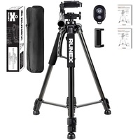 Trepied Foto Runex® Profesional, Telecomanda Bluetooth, Suport Telefon, Compatibil Camera Canon, Nikon, Sony, Universal, Ajustabil 54 - 155cm, Greutate Maxima 5kg, Pliabil, Husa Transport, Picioare Antiderapante, Nivela, Aluminiu, Negru