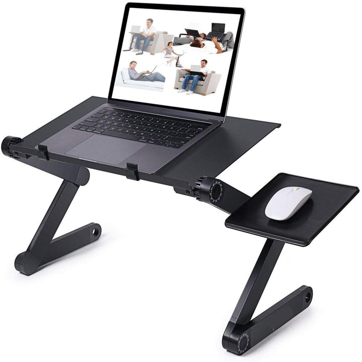 Masuta laptop reglabila inaltime din aluminiu, masa cu sistem dublu ventilatie tip coller USB, suport reglabil mouse, Standing desk multifunctional, Laptop stand 42 x 26 cm, Negru
