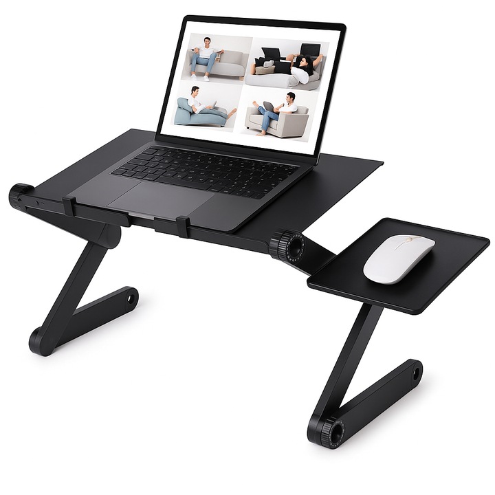 Masuta laptop reglabila inaltime din aluminiu, masa cu sistem dublu ventilatie tip coller USB, suport reglabil mouse, Standing desk multifunctional, Laptop stand 42 x 26 cm, Negru