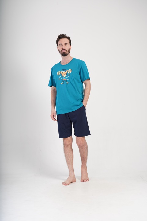 Pijama pentru Barbati, Vienetta, PM524, Maneca Scurti, Pantaloni Scurti, Decolteu Rotund, Zu Buzunare, Bumbac, Albastru, 2XL