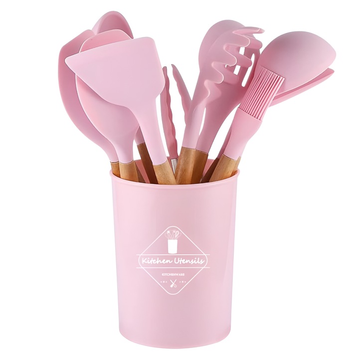 Set Premium Ustensile de Bucatarie din Silicon cu Manere din Bambus Ergonomice – Durabile, Sigur pentru Alimente, Rezistente la Temperaturi Inalte, Usor de Curatat si Organizat, Roz
