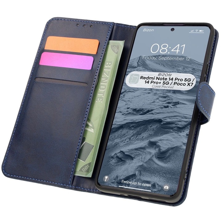 Etui portofel Bizon Case Pocket pentru Xiaomi Redmi Note 14 Pro 5G / Poco X7, albastru marin, 15,83x7,12cm