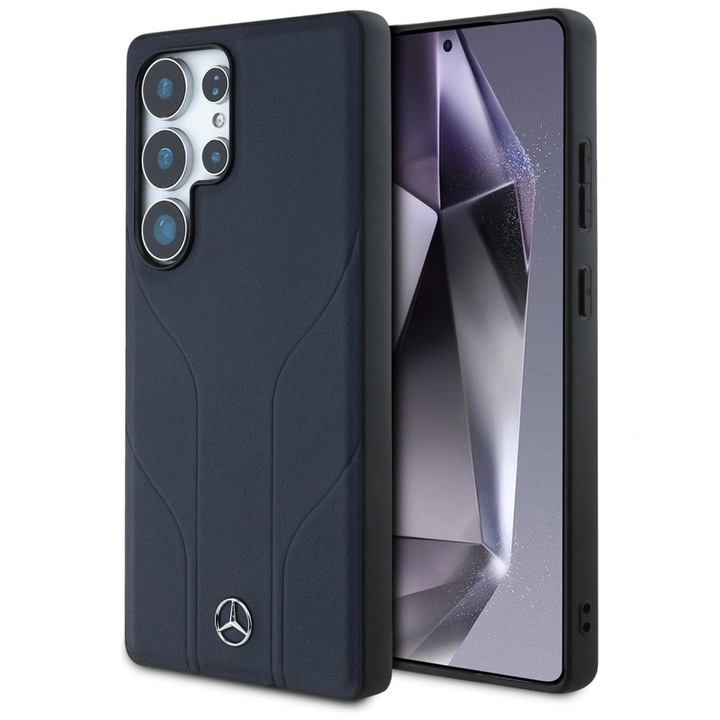 Кожен калъф MagSafe с релефни линии Mercedes за Samsung Galaxy S25 Ultra - син